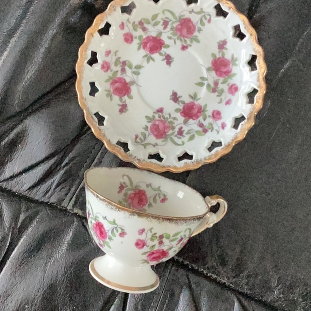 🌹 Vintage Bone China Rose Reticulated Saucer Teacup Beauty EVC